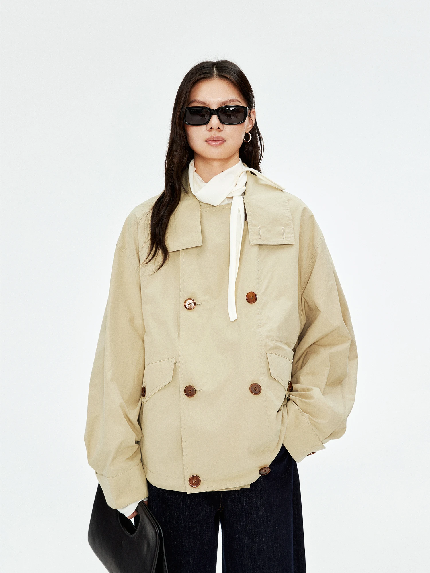 

MRS Studios Double Tead Cotton ort Coat Lightweight Large Collar ket Detail Button up Women's Spring Autumn Jaet