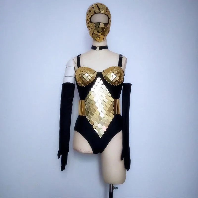 

Women Silver Gold Sequins Bodysuit Nightclub Bar Gogo Mirrors Costume Headwear Stage Performance Clothes Festival Outfit XS3943
