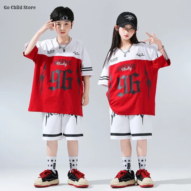 

Boys Hip Hop Contrast T-shirt Street Dance Shorts Girls K-pop Streetwear Children Jazz Costumes Kids Teenage Summer Clothes Sets