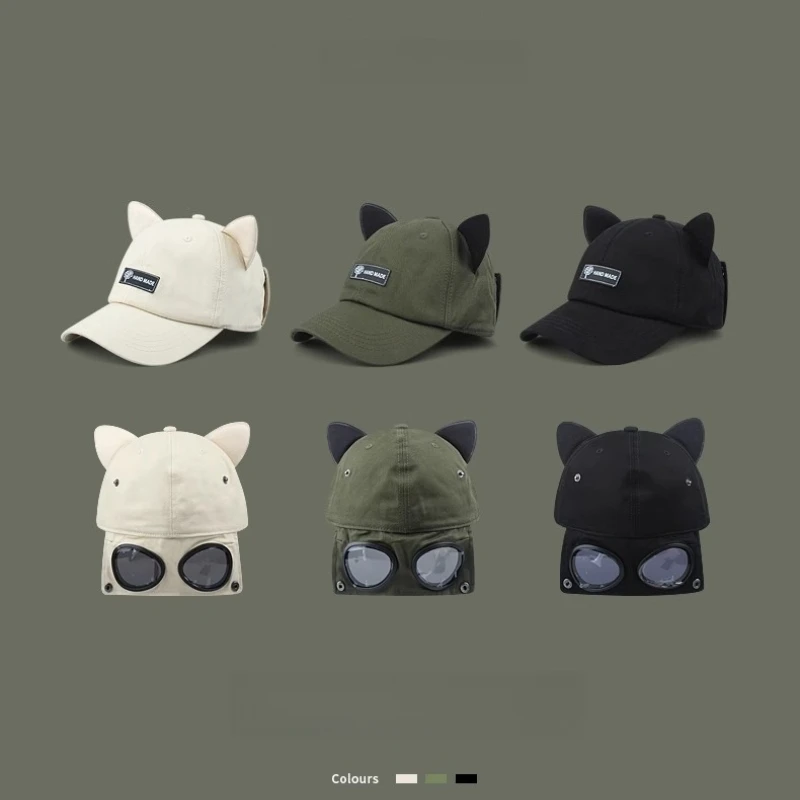 النظارات الشمسية قبعة لطيف آذان القط الطيار قبعة نظارات قبعة بيسبول المرأة الرجال محيط الرأس الكبير العلامة التجارية العصرية النسخة الكورية قبعة