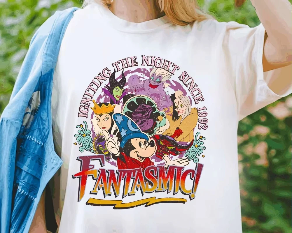 

Mickey Fantasia and Disney Villains Shirt Vintage Igniting The Night Since 1992 T-Shirt Mickey Sorcerer Tee