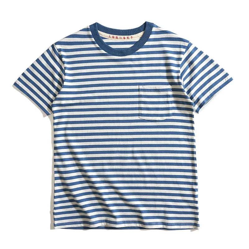 Japanese Retro Blue and White Striped Pure Cotton Men's Sailor Shirt Loose Short Sleeved Base T-shirt — купить у AliExpress WW