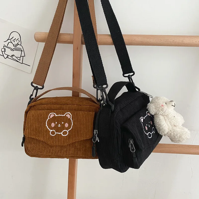 Bolsa Crossbody de veludo bonito, Bolsa de bordado do urso pequeno, Messenger Bag, Bolsa de ombro estilo coreano