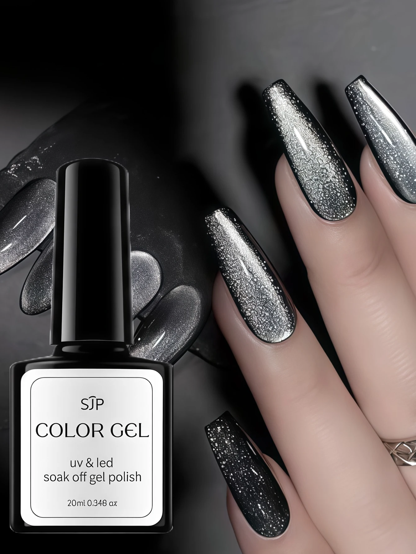 0.34 oz Black Crystal Cat Magnetic Gel SparklingGlitter Gel Nail PolishSemi Permanent UV Gel Black glitter cat eye
