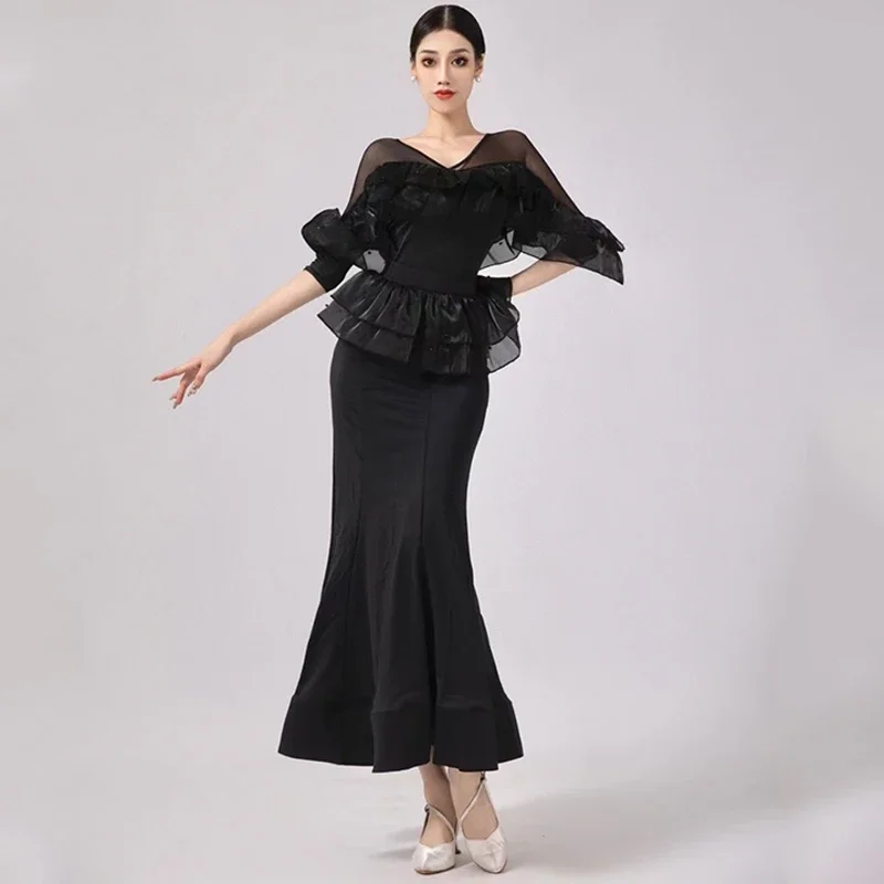 

Ballroom Dance Dress Black Ruffled Tops Skirt Women Waltz Dance Performance Costume Adult Practice Competition Clothing BL12102