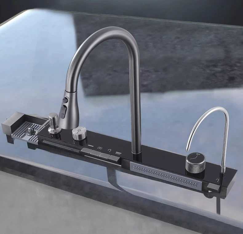 Évier de cuisine multifonctionnel en acier inoxydable, cascade de baleine noire Nano avec robinet extractible moderne