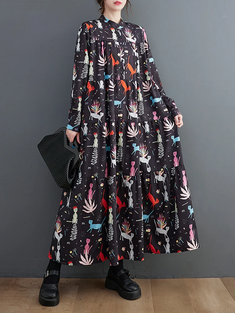 Long Sleeve Vintage Print Dresses For Women Loose Casual Shirt Long Dress Vestidos Fashion Elegant Clothing Spring Autumn 2025