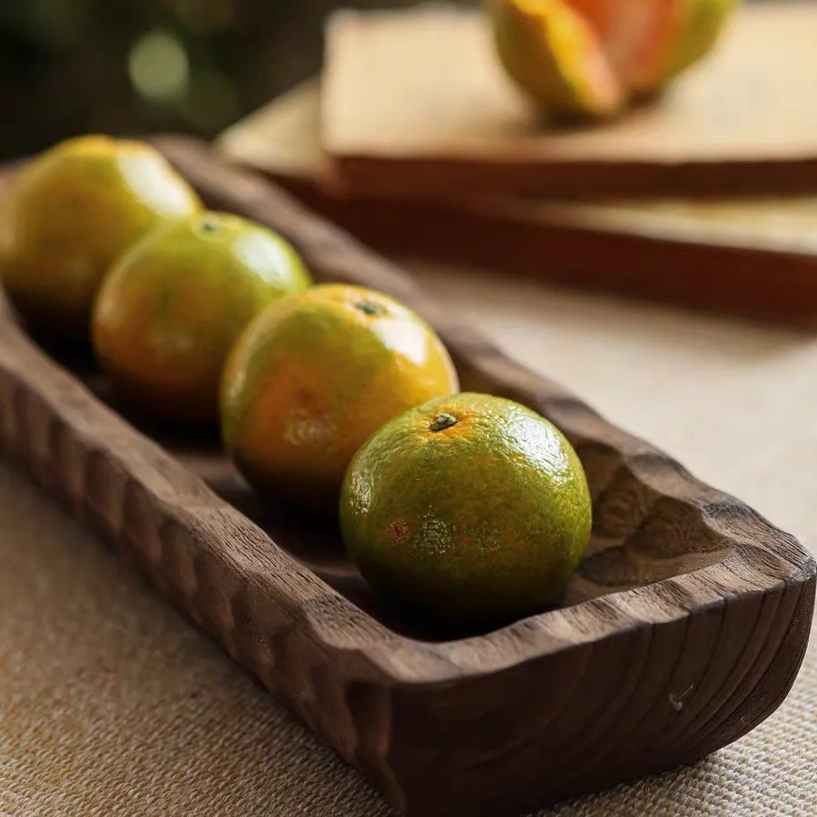 Walnut grain long fruit plate carving process rectangular solid wood snack plate retro wabi sandy wind entrance tray ornament