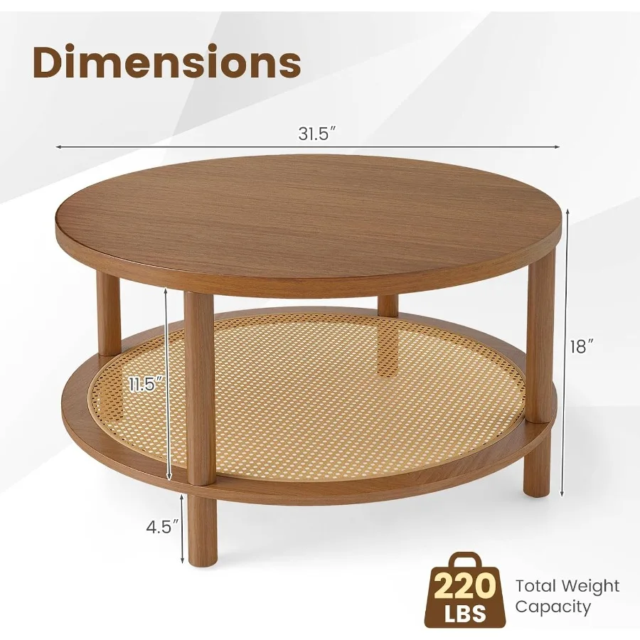 Rattan Coffee Table for Living Room, Natural Rattan with Solid Rubber Wood Legs, Beige-Neutral Tone, Space-Saving Design with H