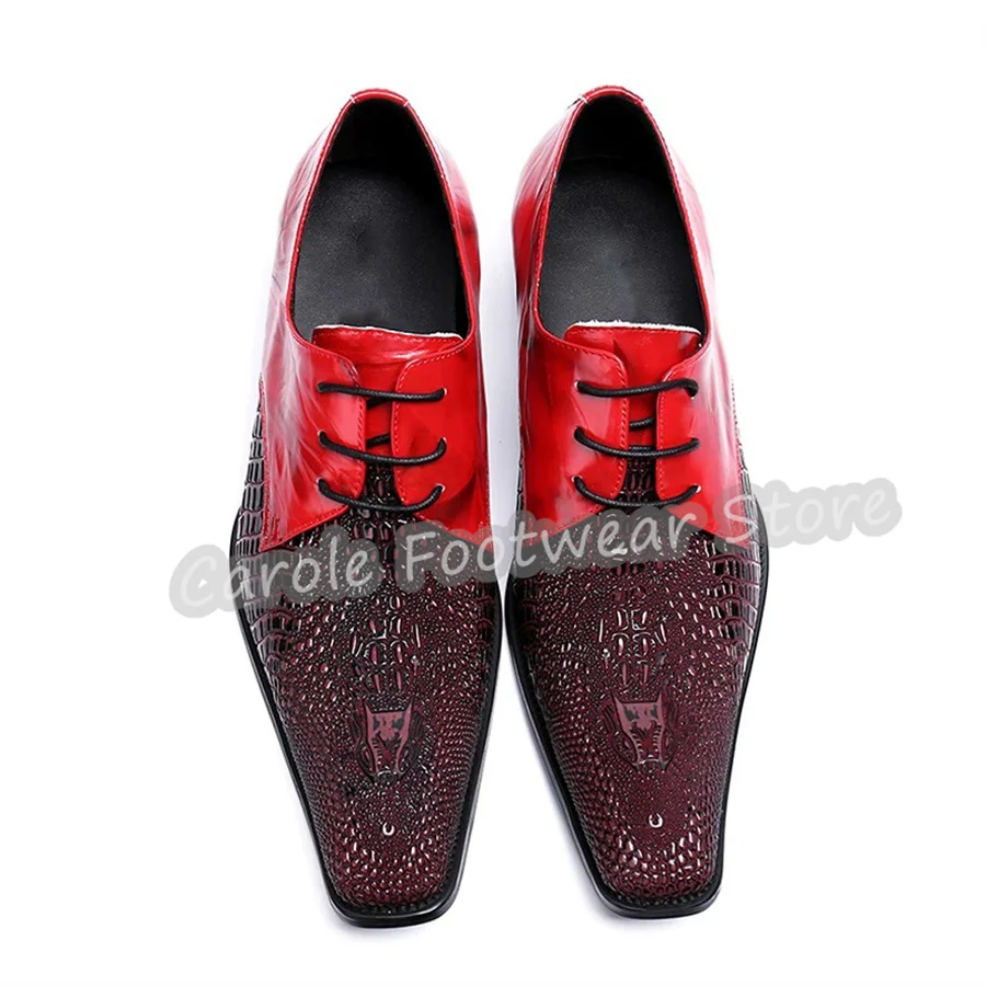 

British Style Mixed Color Square Toe Lace-Up Formal Dress Shoes Male Crocodile Print Genuine Leather Oxford Business Party Shoes