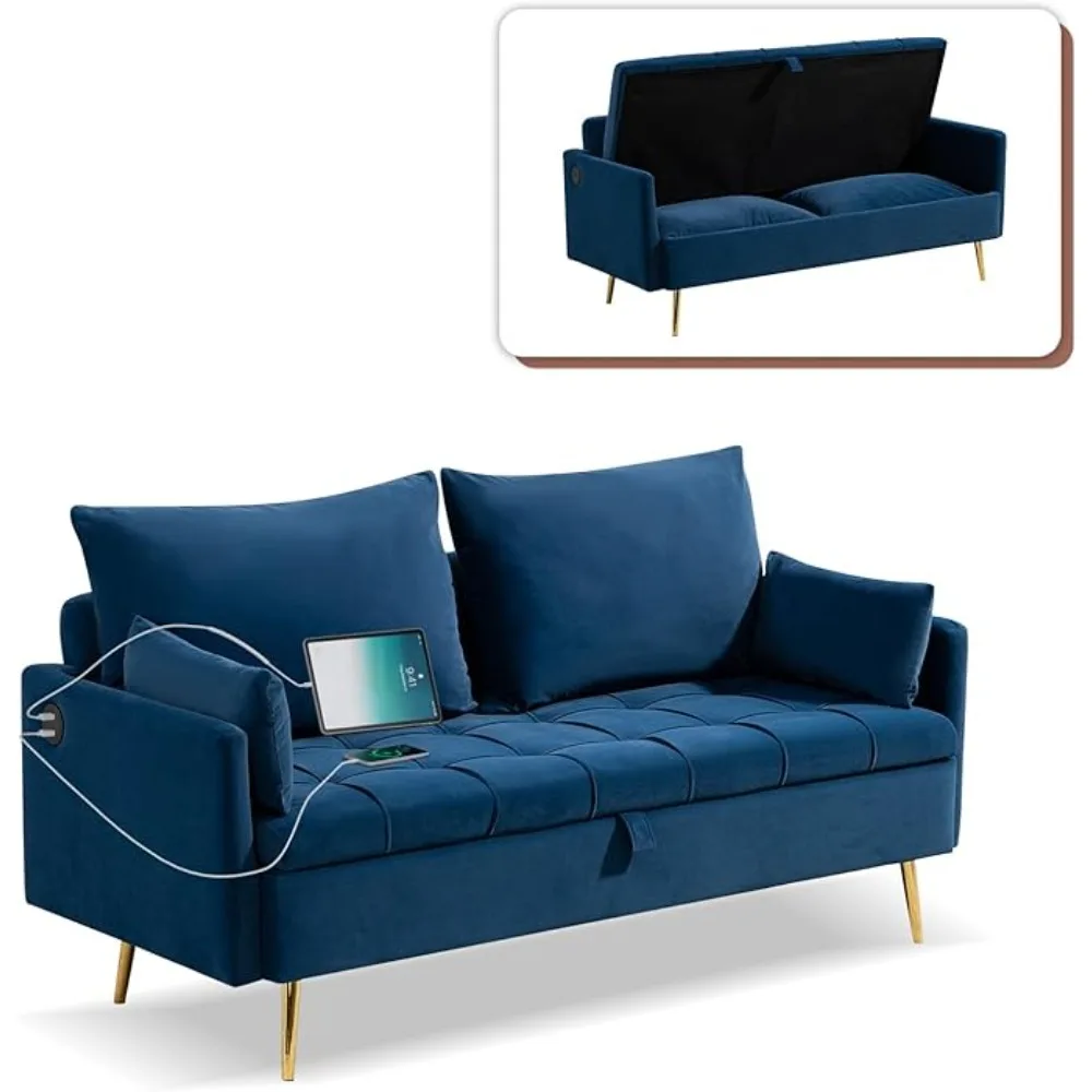 

"60" Velvet Loveseat - Storage Sofa with 4 Pillows & Metal Legs, USB/Type-C Charging for Living Room/Bedroom"