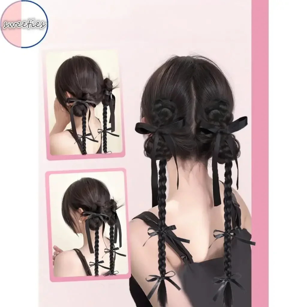 Synthetic wigs 2PC Ballet Style Simulation ribbon bowknot Twists Braid Ponytail Wig Coiled Hair horsetail wigs Hair Extension