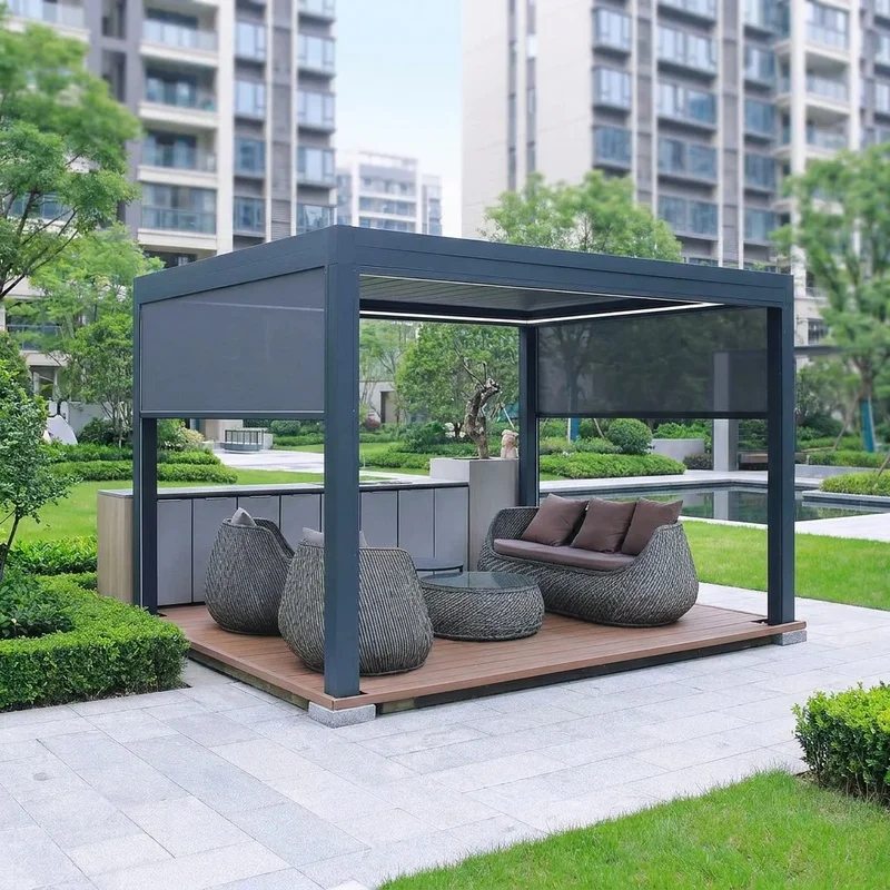 Windproof Aluminum Louvered Pergola with Roller Blinds Residential Courtyards Balconies & Outdoor Lounging Areas