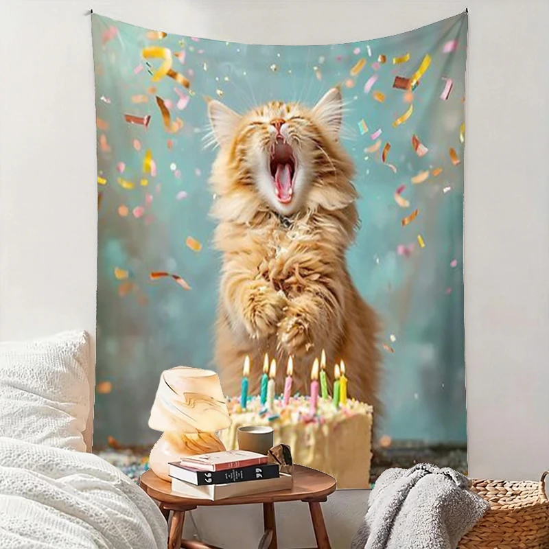 1PC Orange Cat Birthday Art Print Backdrop Banner, Bedroom Living Room Photo Background, Polyester, Home Decor, Wall Art