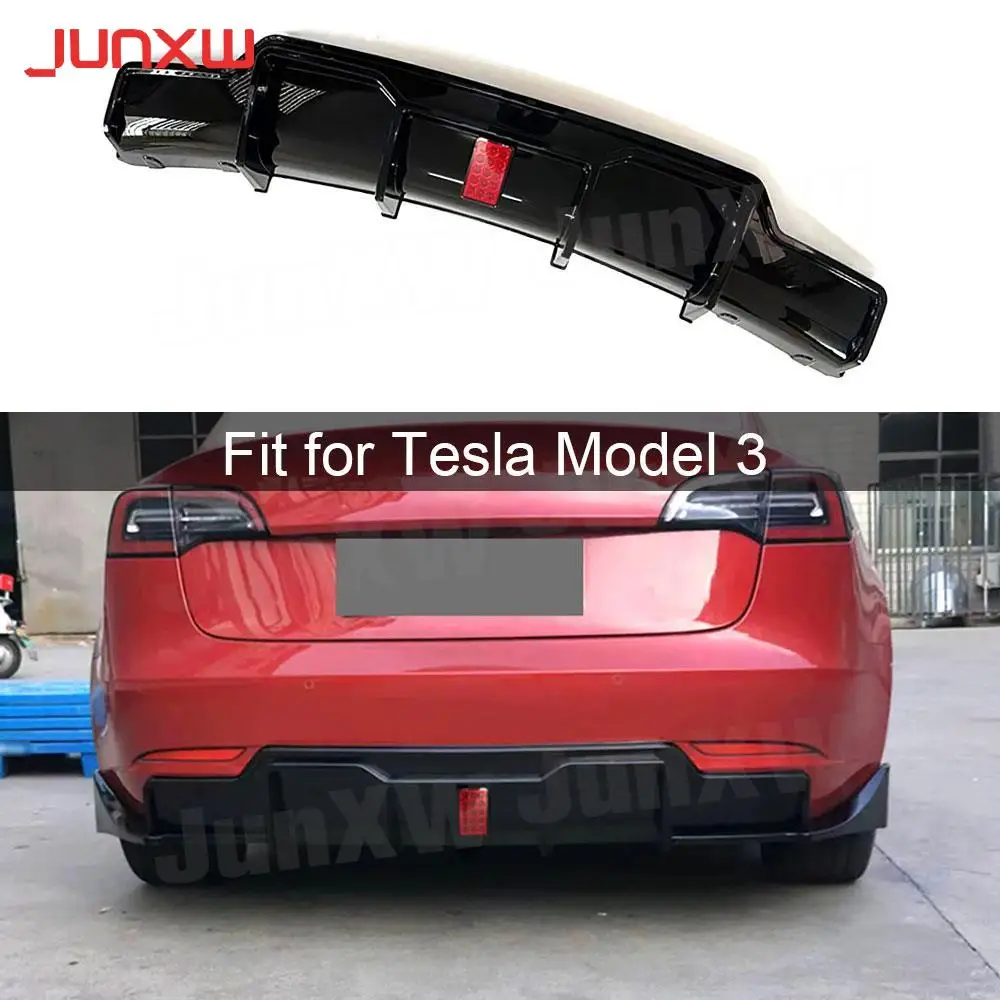 

ABS Carbon Look Rear Bumper Lip Diffuser Spoiler for Tesla Model 3 2017 + With LED Light Car Bodykits Styling Gloss Black