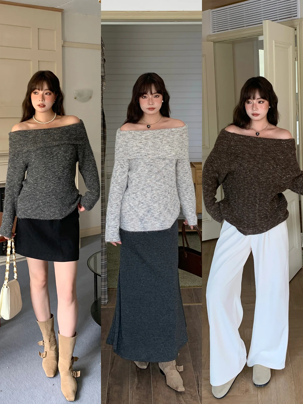 

Thi Knitted Floral Sweater One oulder Sle Lazy Korean Sle plus Size Sweater Sweet Sle Straight Tube Long Sve Kni...