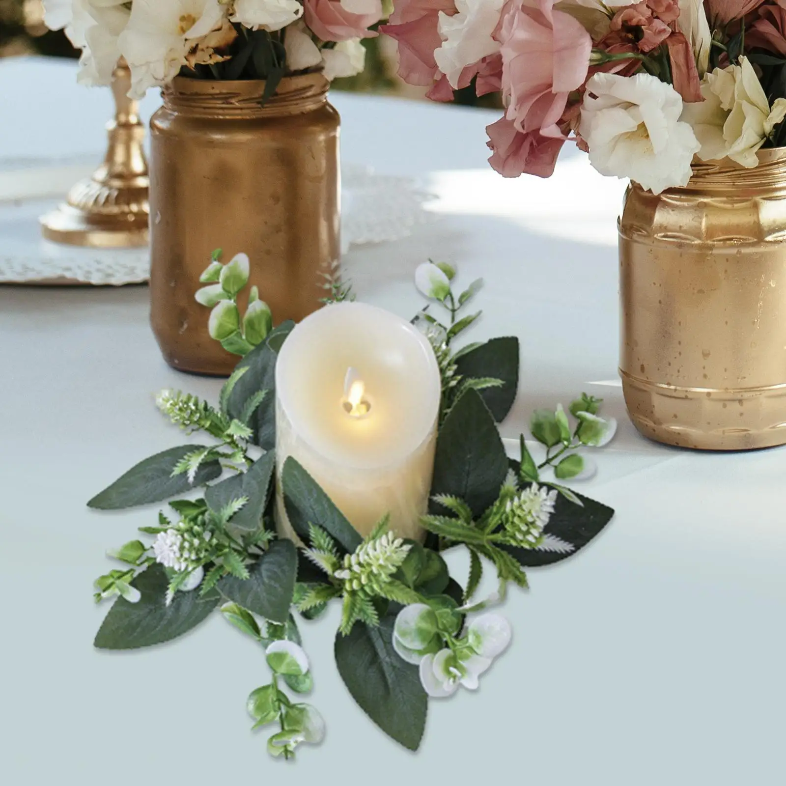 Candle Rings Eucalyptus Leaves Wreath Table Garland Candle Holder Candle Wreath for Cafe Fireplace Party Supplies Living Room