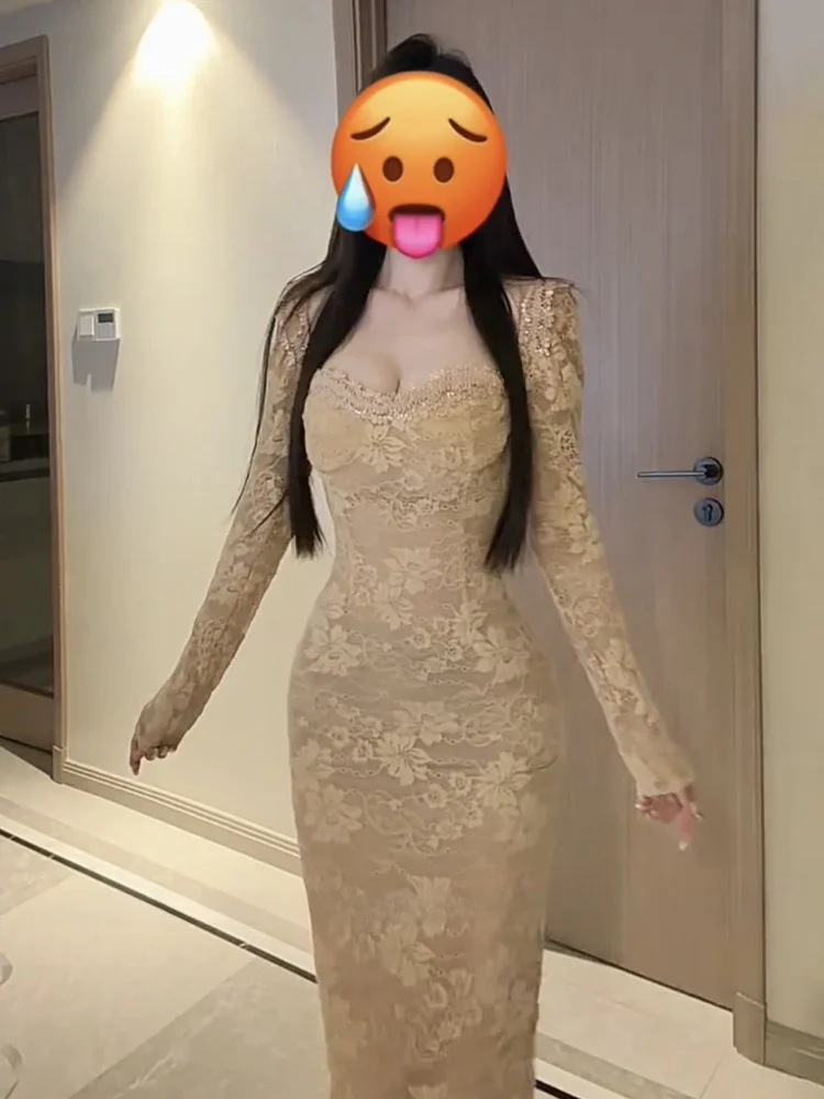 

Элегантное кружевное платье Ele Pure Desire с длинными рукавами, высокой талией, облегающее, с квадратным вырезом, длиной в пол