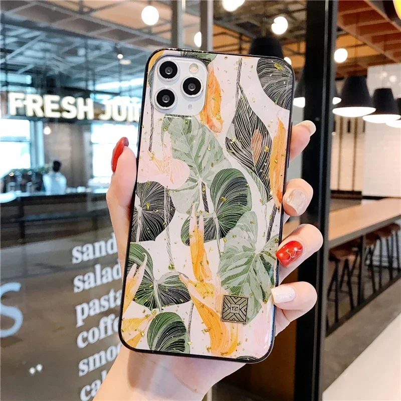 Luxury Gold Foil Silicone Phone Case For iPhone 16 15 14 13 12 11 Pro Max Plus Glitter Painting Fruit Orange Shockproof Cover