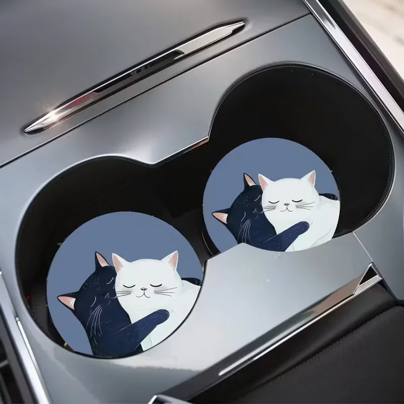 2PCS Blue Hug Cat Car Cup Holder Mat, Anti-Slip Bottle Stand for Vehicle Interior
