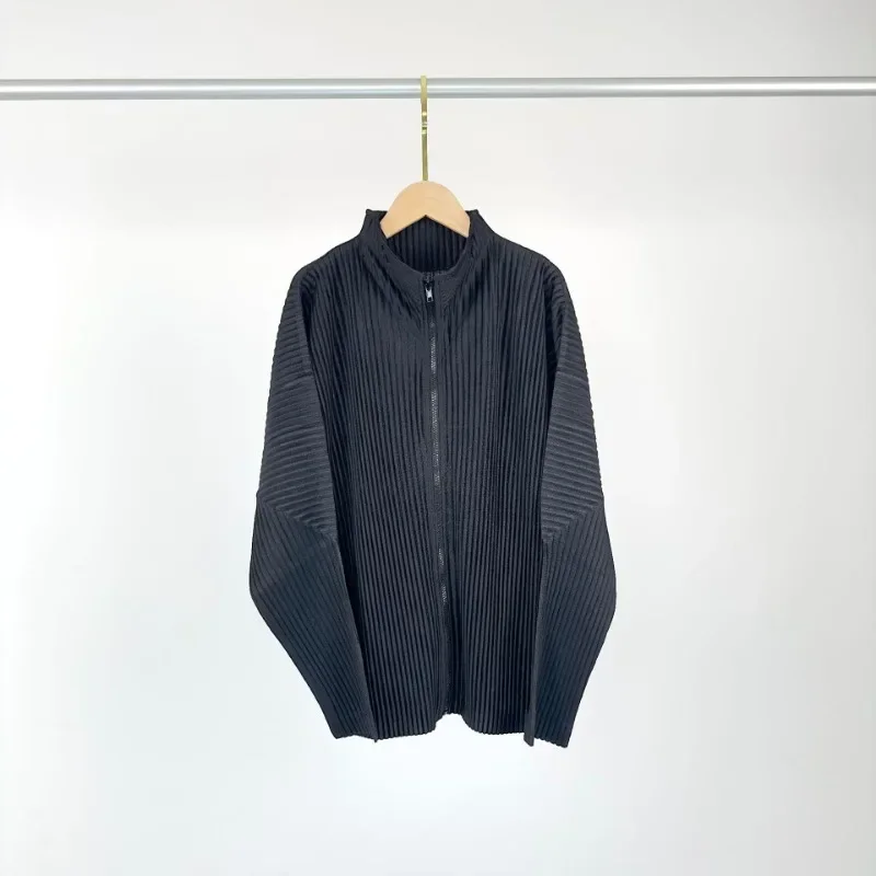 ALSEY Miyake Pleated Standing Neck Zipper Long Sleeve Men\'s Coat 2024 Autumn New Casual Simple Slim Black Jackets Men Clothing