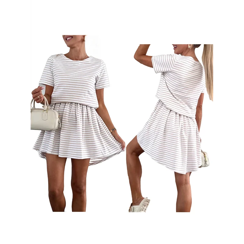 【SEE】 Robes d'été rayées pour femmes 2025 col rond manches courtes bloc de couleur décontracté une ligne robe t-shirt