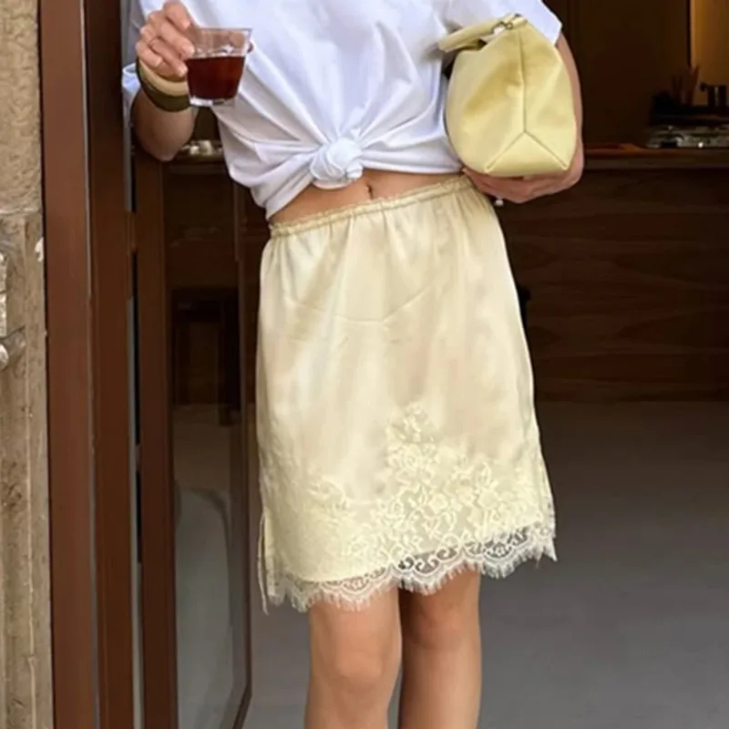 

Tuularose Fashion Satin Mini Skirt Women's New Lace Patchwork Elegant Skirt Autumn High Waist Solid A-line Lace Skirt Outfits