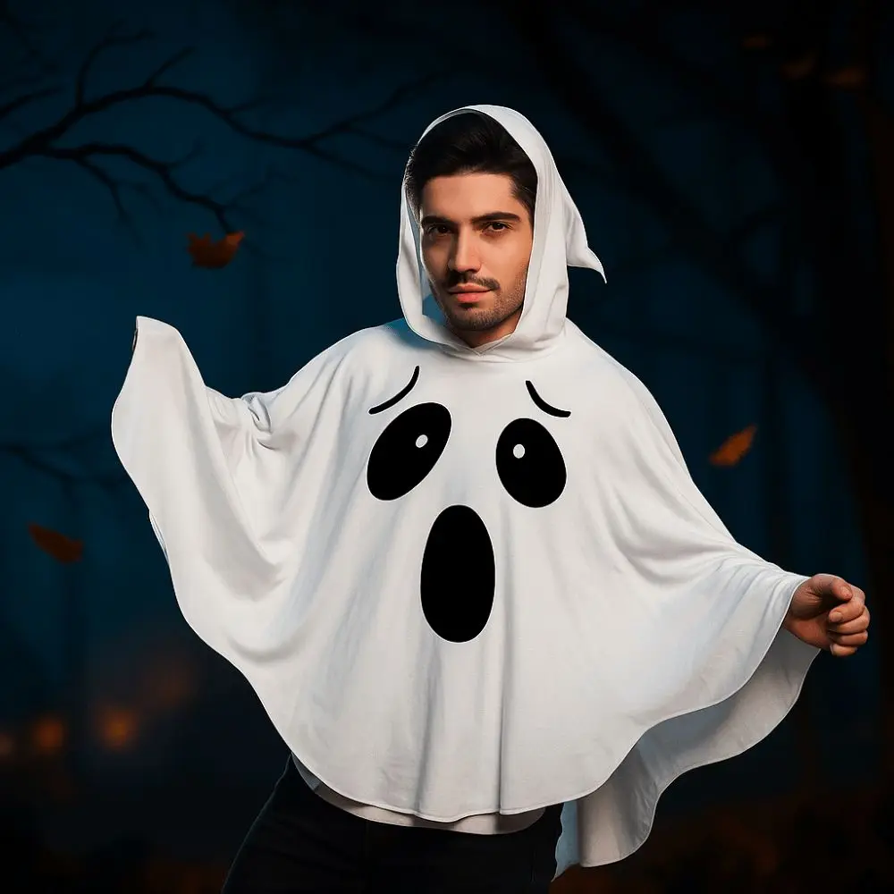 White Halloween Cloak Cape Black Eye Trick-or-Treat Spooky Pumpkin Cloak Smock Style with Hat Ghost Poncho Robe Women