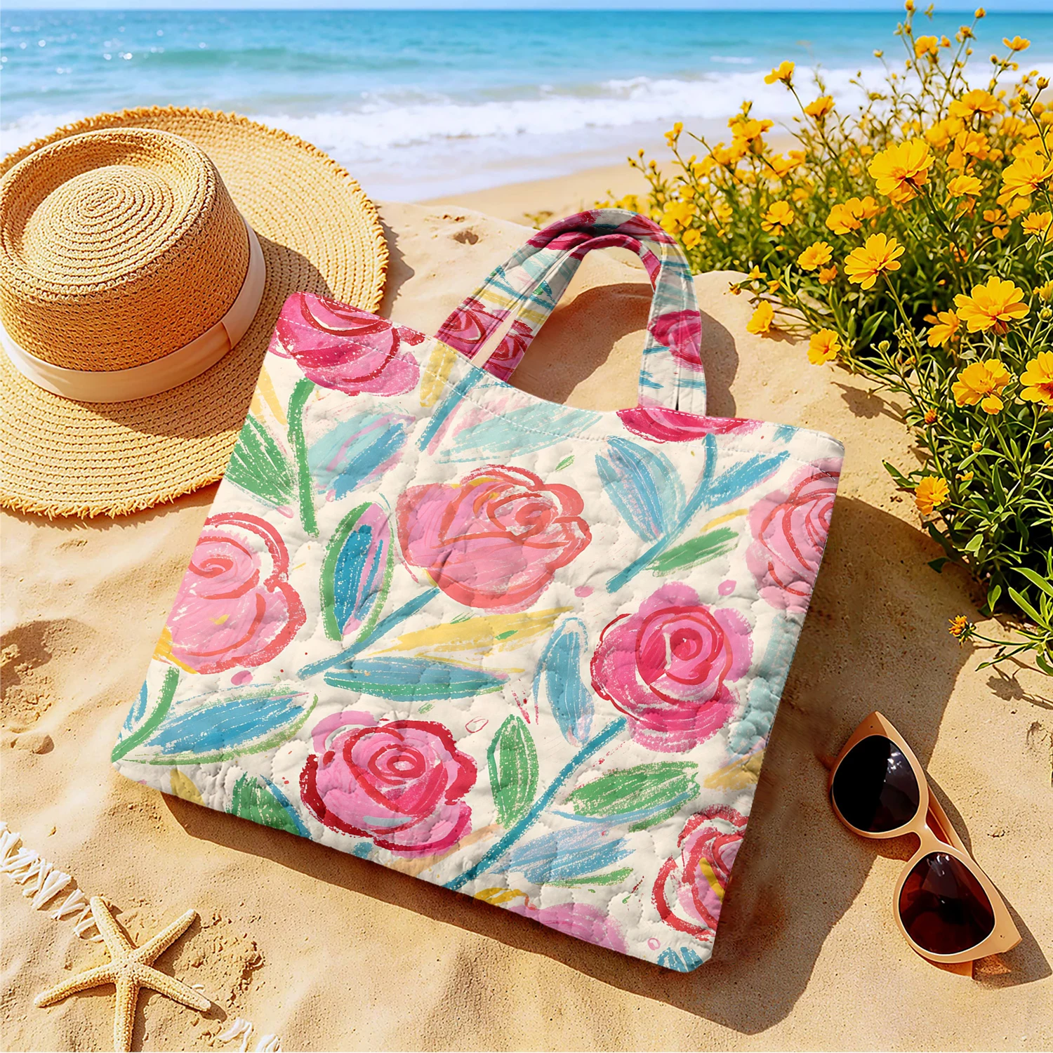 Hand-Painted Blush Rose Floral Women canvas shoulder bag Dual-Side Printed Tote Bag shopping bag Fashionable and fun handbag
