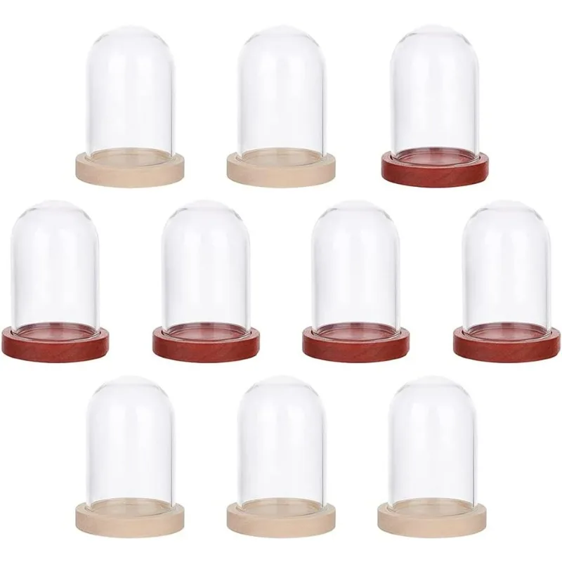 10 Sets Mini Eternal Flower Glass Dome Cloche, Clear Glass Display Case with 2 Colors Wooden Base Bell Jar Cloche for Valentine