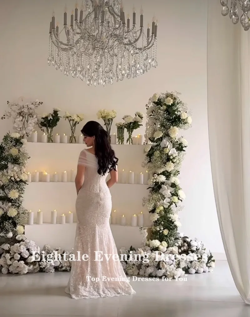 Robe de mariée arabe de quatre-quarts, épaules dénudées, dentelle, perles, personnalisée, blanc ivoire, robe de mariée musulmane, robe de soirée sirène