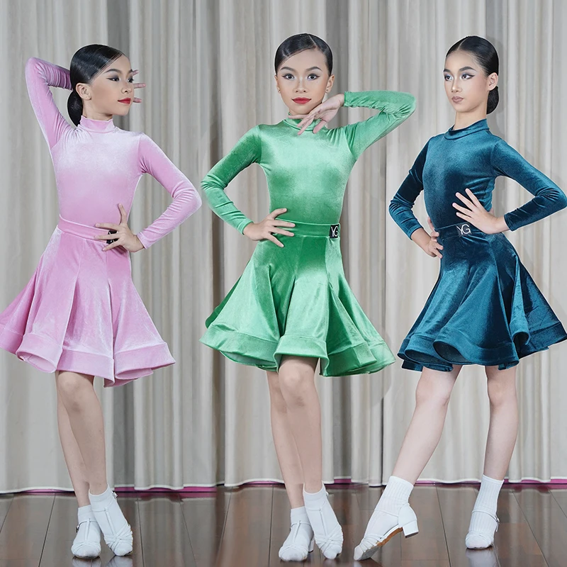 

Бархатное платье для латиноамериканских танцев, детский зимний костюм для выступлений, сценическая одежда для девочек, латинское платье с длинным рукавом, боди и юбка 2481