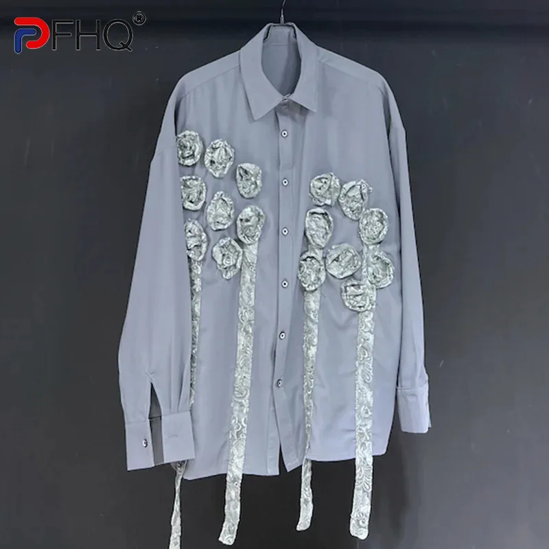 

PFHQ Men's Long Sleeved Shirts Loose Handmade Flowers Turn-down Collar Delicacy Art Popular Original Chic Tops Summer 21Z4464