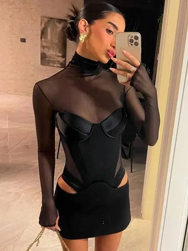 أزياء شبكة طويلة الأكمام البسيطة اللباس حزب مساء نادي وتتسابق مثير قطع مشد Bodycon فساتين الملابس قمم الأزياء