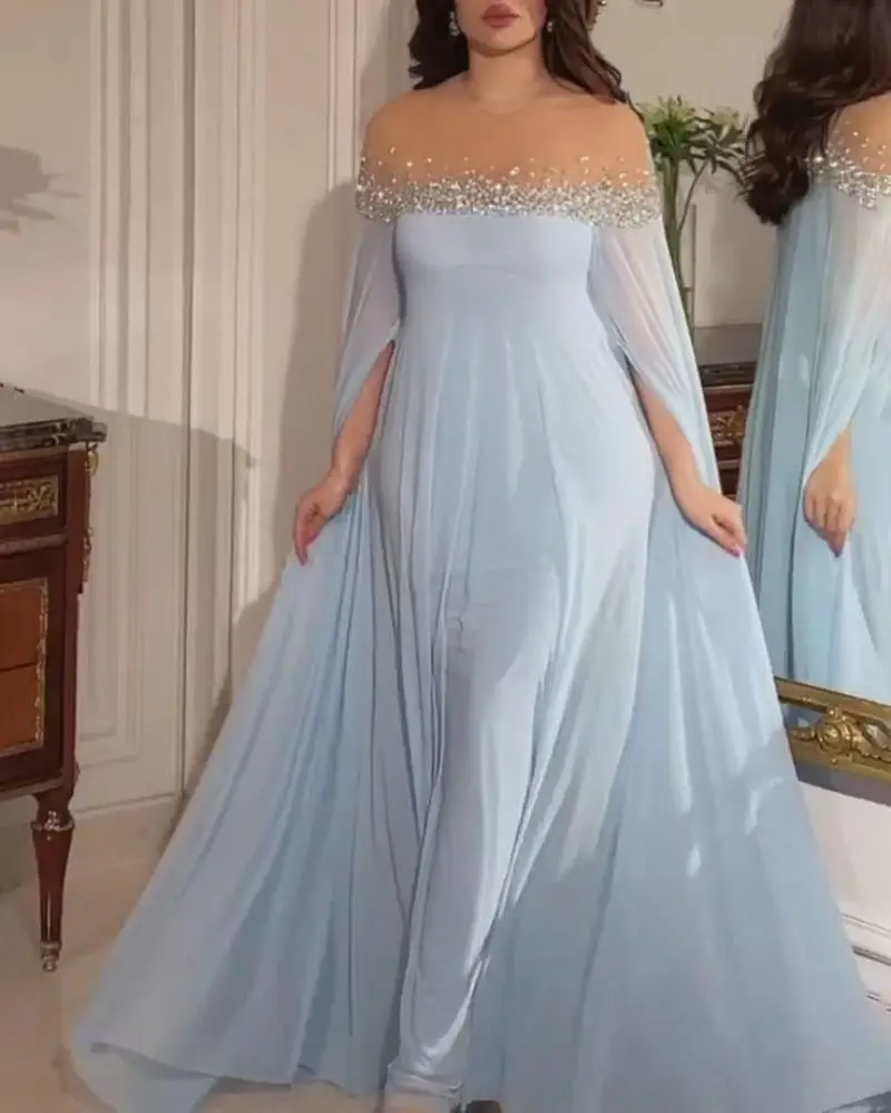 India Dubai Abaya Party Dress for Women Chiffon Ball Gown Vestidos Wedding Prom Evening Dress Slash Neck Morocco Caftan 2023