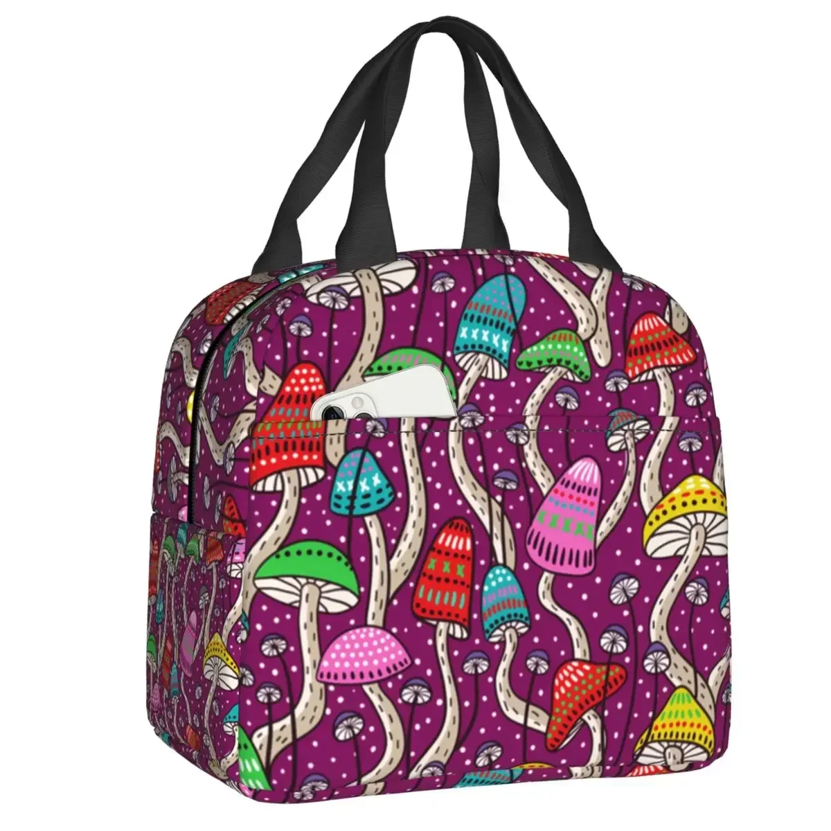 Psychedelic Magic Mushrooms Lunch Bag Women Warm Cooler Insulated Lunch Box for Student School Work Food Picnic Tote Bags