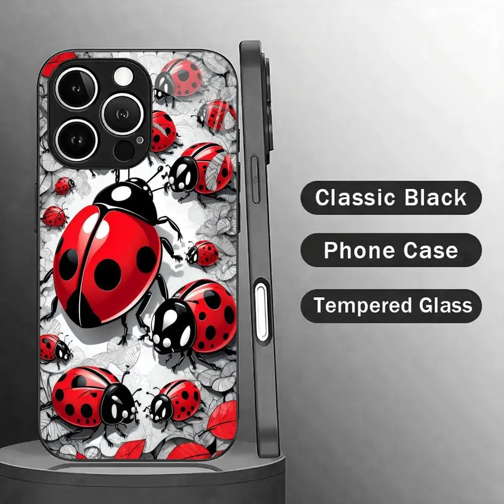Red ladybug pattern Tempered HD Glass Fashion phone case for iPhone18/17/16/15/14/13/12/11 Promax Pro Plus Air Dropresistant