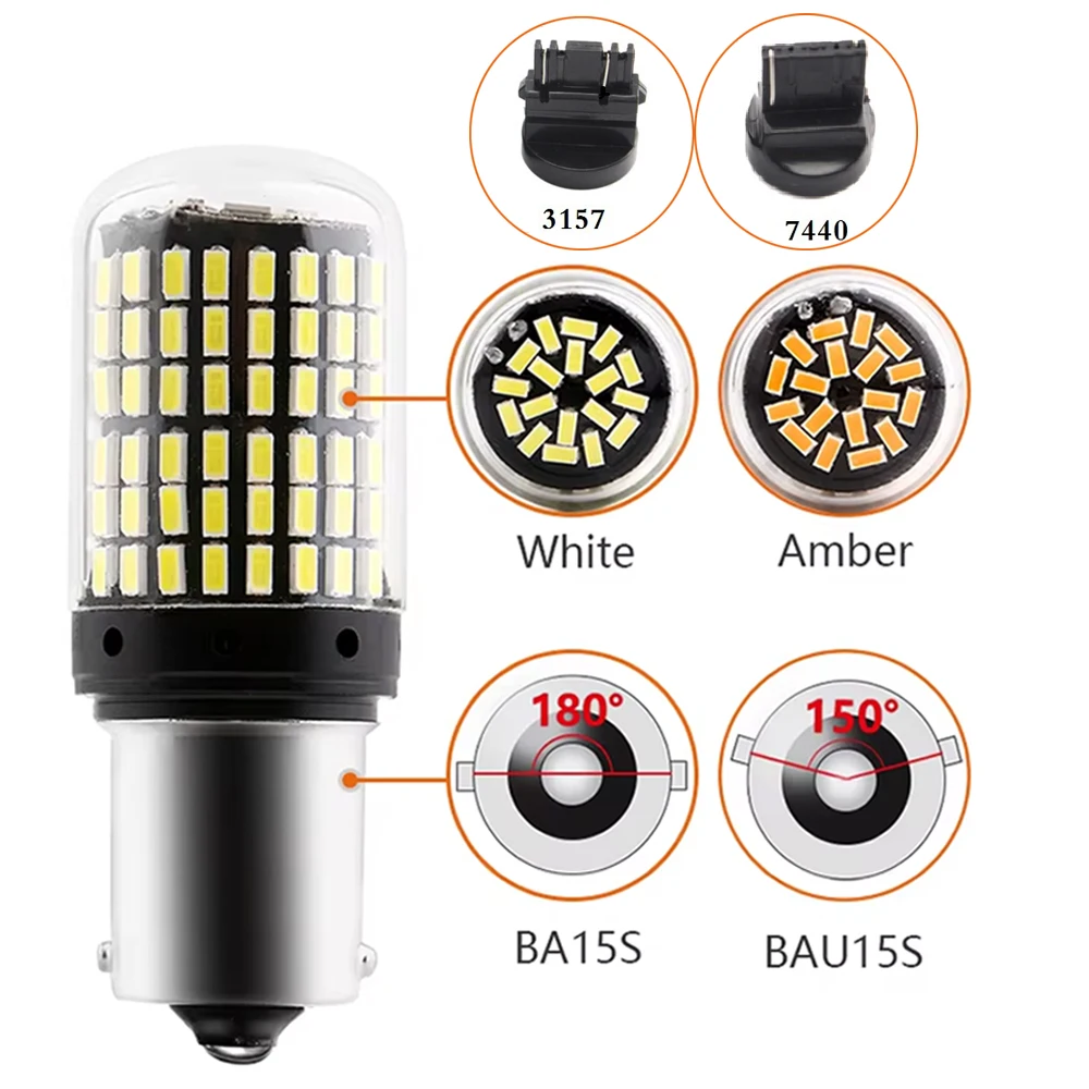 

2Pcs Signal Light 1156 BA15S P21W BAU15S PY21W T20 7440 W21W 7443 1157 P21 3157 T25 LED Bulbs 144smd led CanBus For Turn Lamp