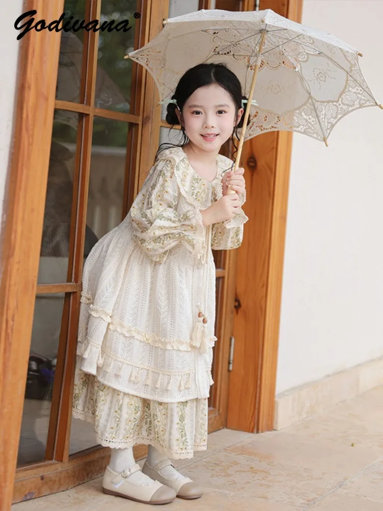 

Sweet Girls Mori Floral Dresses Spring 2026 New French Pastorale Cute Ruffle Long Sleeve Tassel Blouse Soft Loose Princess Dress