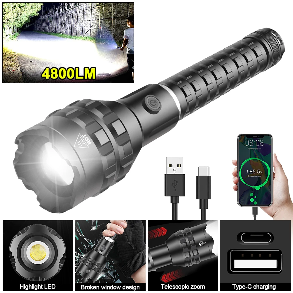 

Tactial XHP160 LED High Power Flashlight 5 Modes Lantern 26650 USB Rechargeable Torch Zoom Adventure Camping Hand Lamp