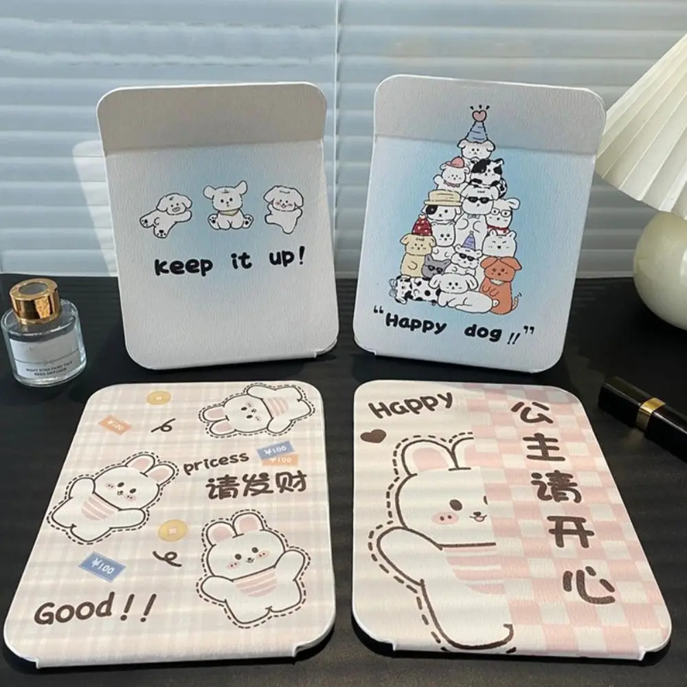 Kawaii Desktop Vanity Mirror PU Leather Adjustable Cartoon Folding Mirror Square Shape Beauty Tool Makeup Mirror Domestic