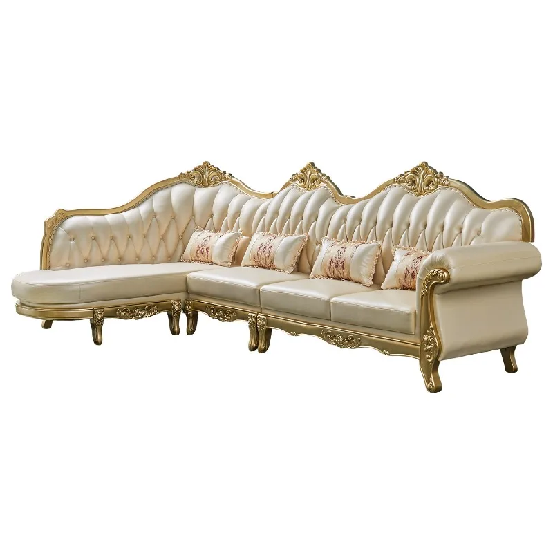

European leather corner sofa, solid wood carved light luxury living room size high-end L-shaped corner chaise concubine sofa