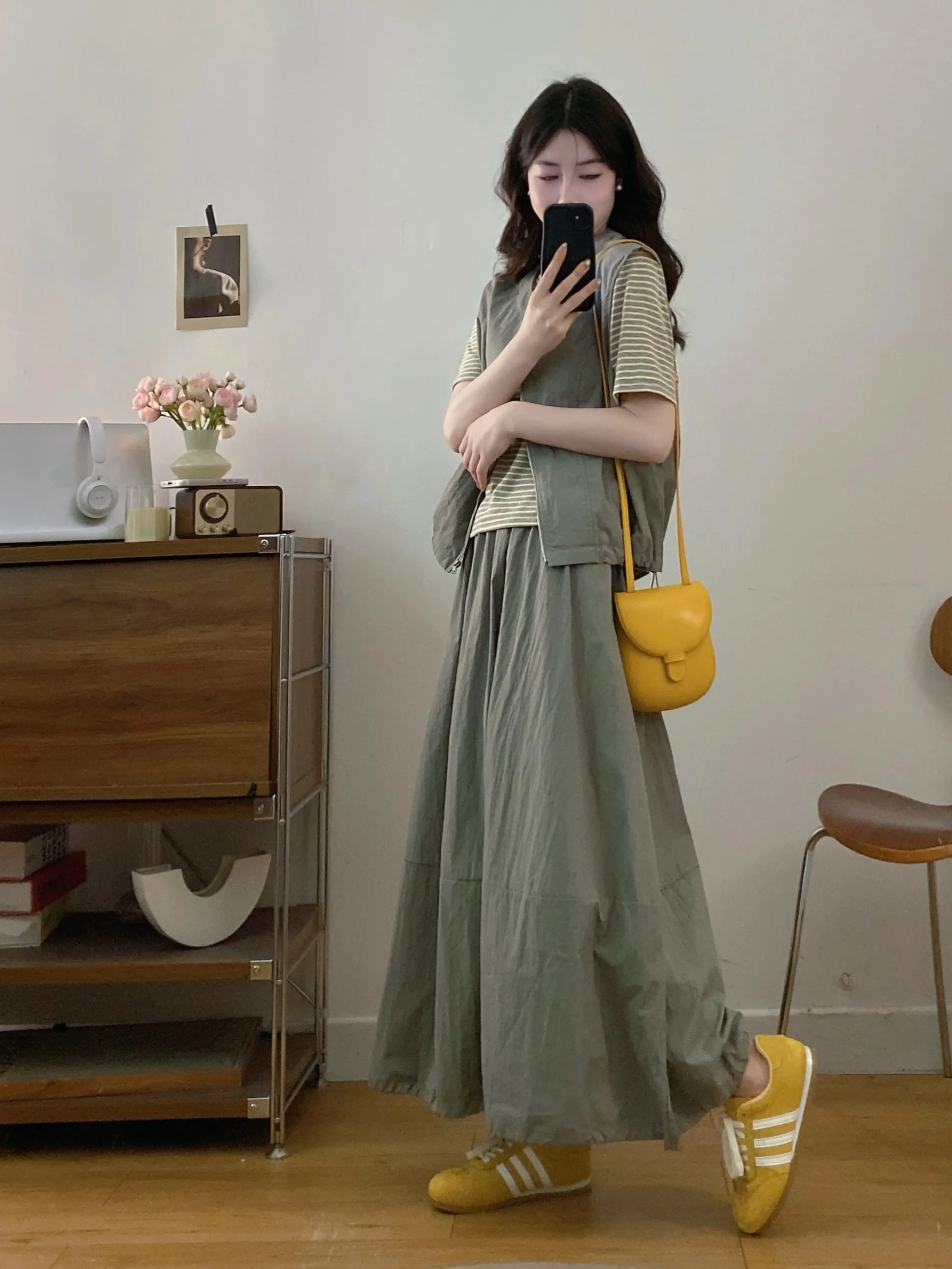 

plus Size Women's Fashionable Striped T-Shirt Vest Skirt Three-Piece Set Summer Casual Wear Breathable Short Sleeve Tops