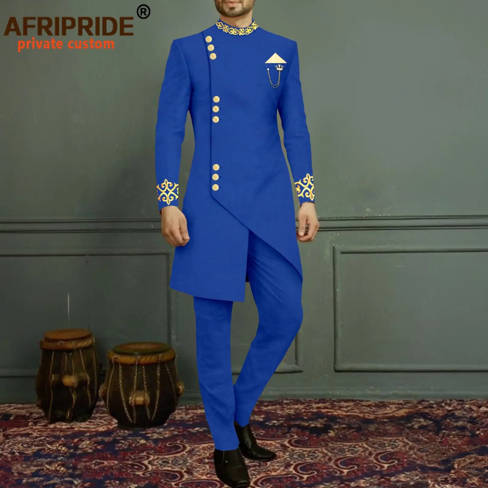 Men`s Suit Slim Fit Embroidery Single Breated Blazer and Pants Set African Clothes with Kerchief Brooch Formal Outfits 2416040