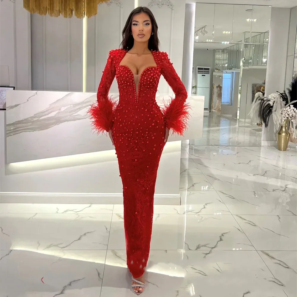 

Red Long Sleeves Evening Dress Luxury 2025 Mermaid Sweetheart Pearls Beaded Lace Feather Ankle Length Cocktail Party Gown Prom