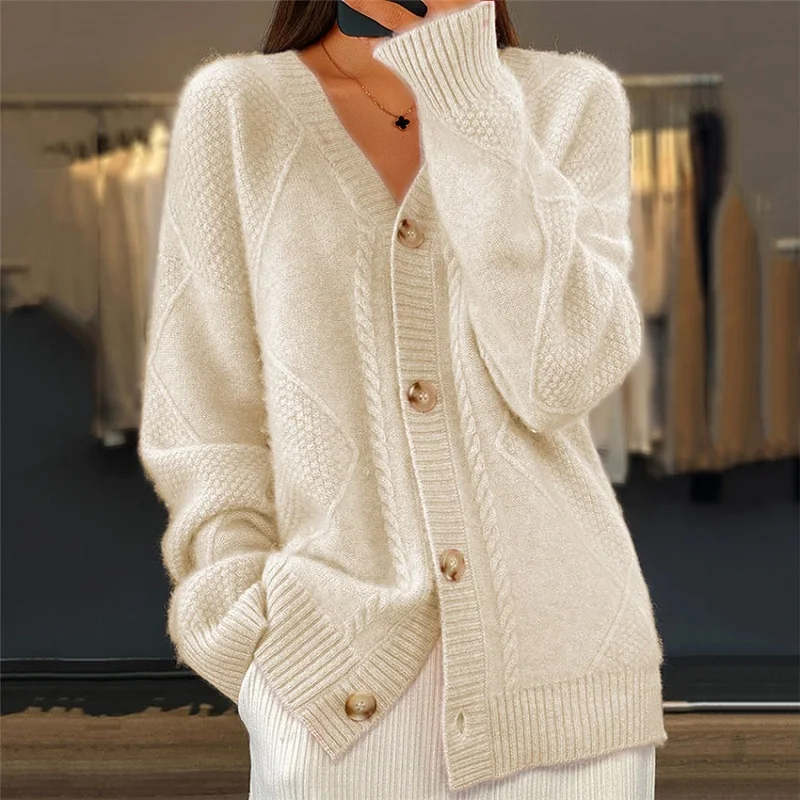 Fashion Single Breasted Loose Sweater Elegant V-neck Jacquard Knitted Coat Women Causal Long Sleeve Solid Color Sweater Cardigan