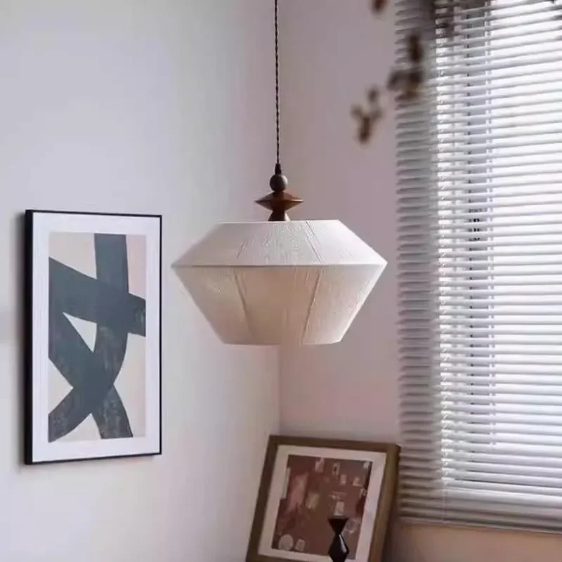 Wabi-Sabi Wind Medieval Cotton Pendant Lamp Linen Chandelier for American Japanese Retro Homestay Tea Room Study Walnut Color