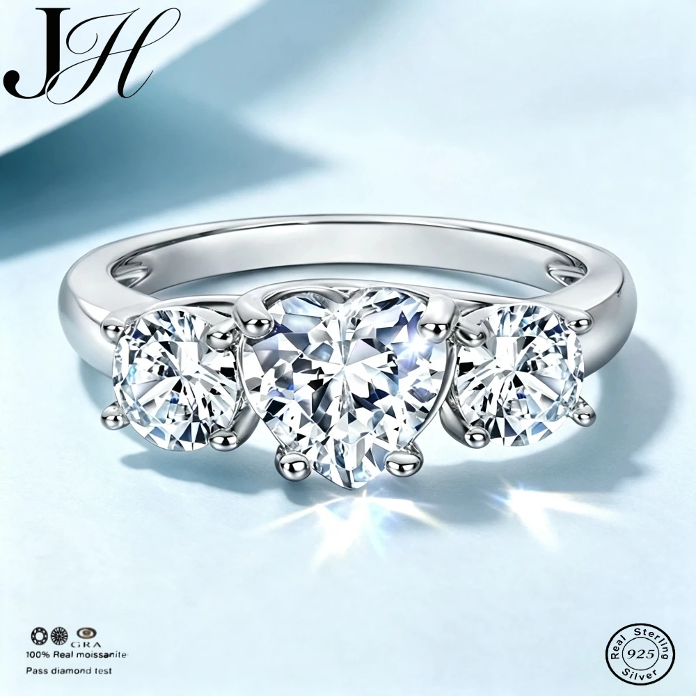 JH 1.5Carat Moissanite Heart-Shaped Ring For Women Men 925 Sterling Silver Simple Wedding Ring D VVS1 Lab Gemstone Fine Jewelry