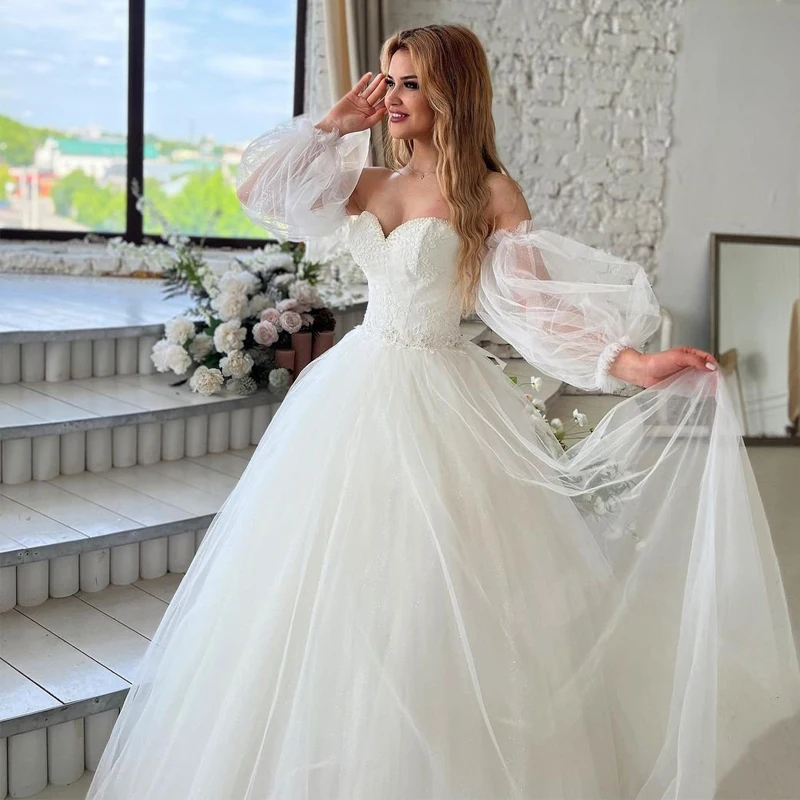 

Eightree Sexy Wedding Dresses Sweetheart Puff Sleeve Bride Dress Bobo Beach A-Line Tulle Princess Wedding Evening Gown Plus Size