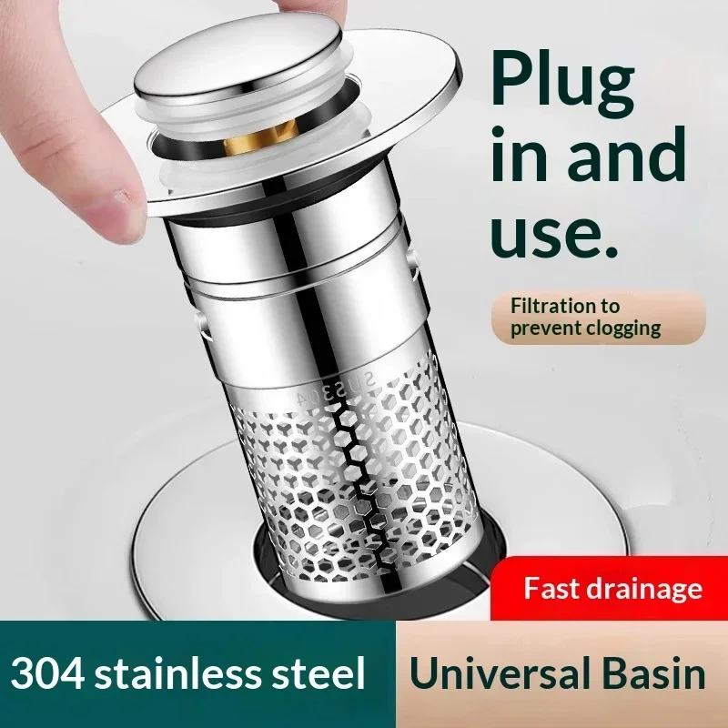 Universal Basin Pop-up Drain Stopper Copper Core Sink Drain Filter Anti-clog Anti-odor Bounce Plug for Bathroom Wash Basin
